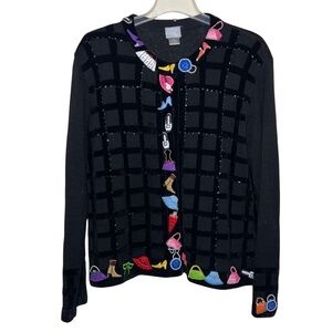 BEREK Hand-Sewn Applique Embroidered Embellished Black Cardigan Sweater Size XL